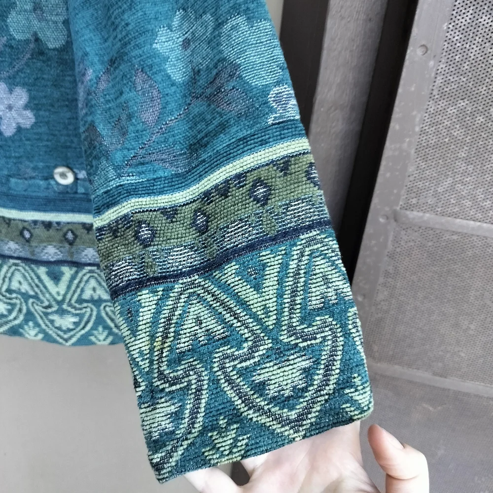 Sag Harbor 90s Boho Bohemian Tapestry Fabric Teal Jacket Floral - Picture 5 of 6